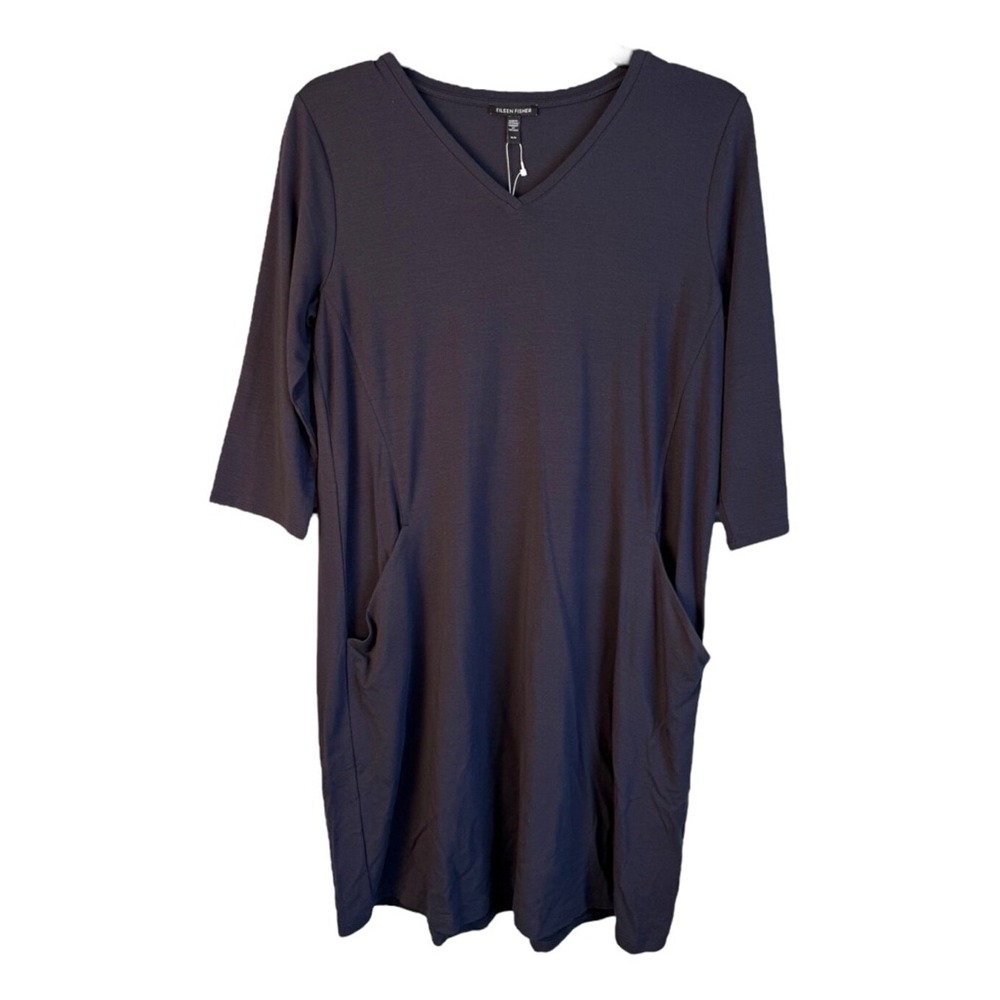 Eileen Fisher Size Medium‎ A line V Neck Gray Stretch Jersey Knit Dress Pockets